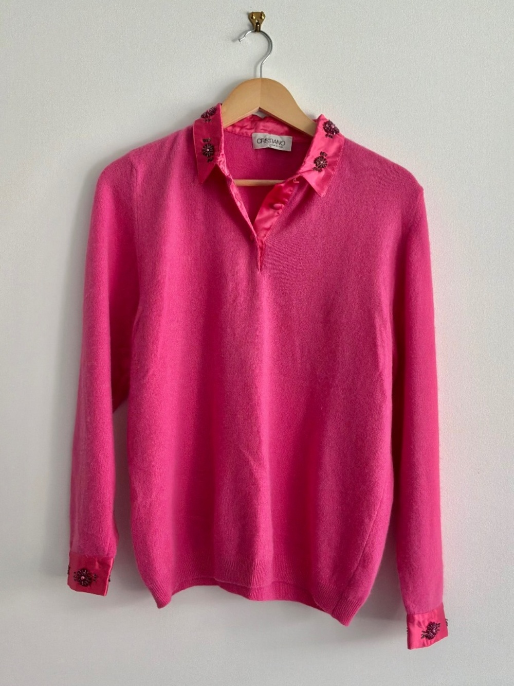 Vtg CRISTIANO Italy Angora Wool Blend Knit Top Hot Pink Beaded Collar M